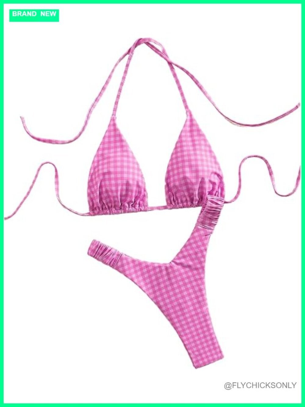 High Cut Halter Triangle Bikini Set Plaid Swimsuits Thong